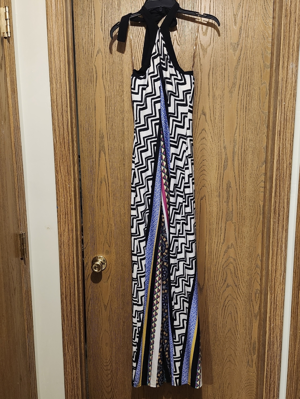 Black & White Zigzag Halter Maxi Dress with Multicolor Stripes